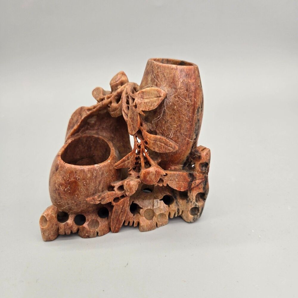 Vintage Chinese Hand Carved Soapstone Inkwell / Vase Brush Pot Floral
